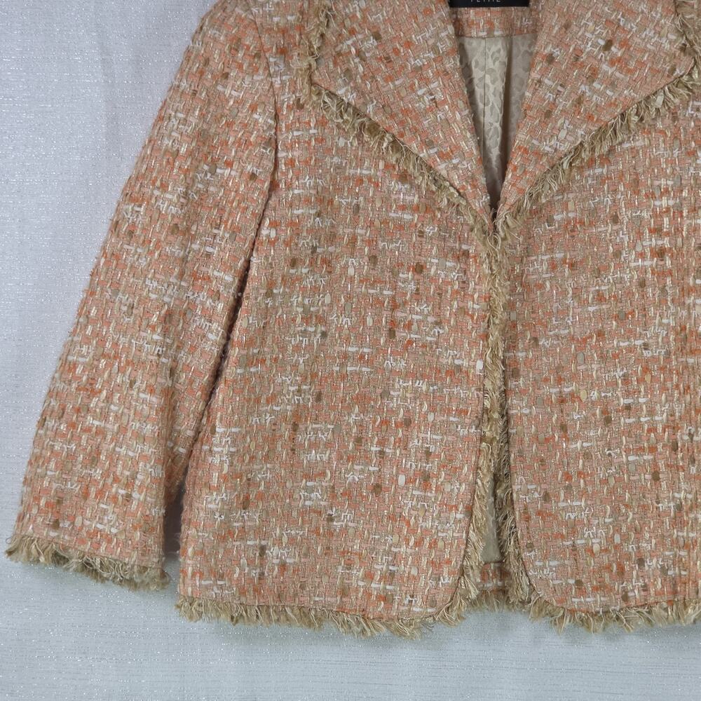 Dana Buchman Petite Pink Boucle Tweed Blazer Jacket Fringe Trim Raw Edge 10P - Picture 2 of 8